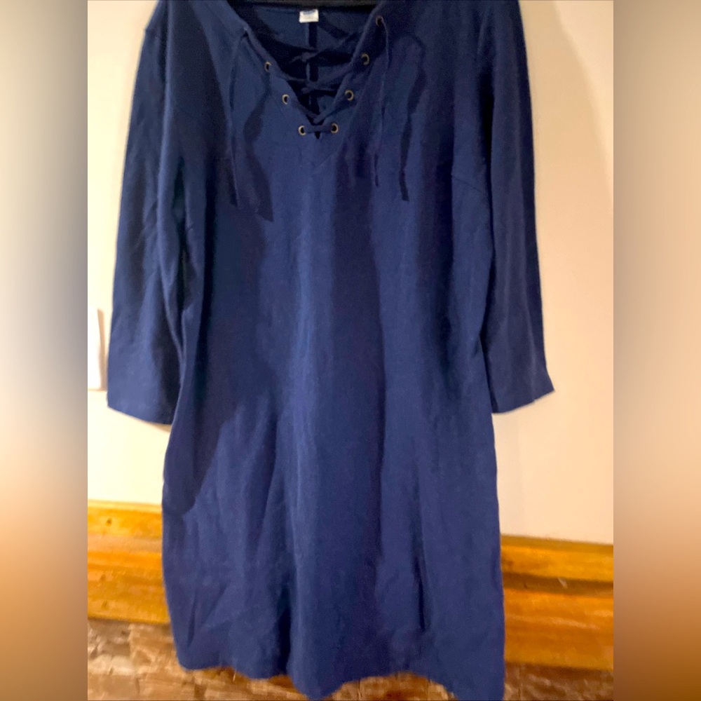 Old Navy Size L Blue Knee Length Dress Lace Up Collar Comfy Beach Preppy College